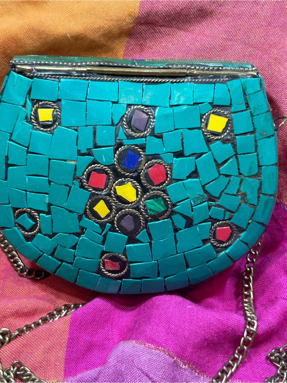 Vintage Turquoise & Red Mosaic Crossbody Tibetan Bag - Picture 9 of 12